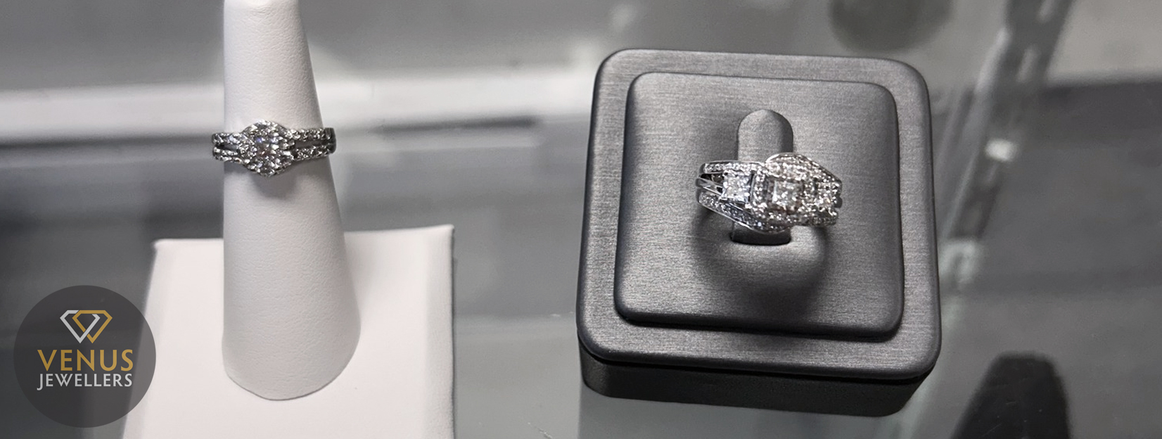 In-store showcase diamond solitaire rings | Venus Jewellers